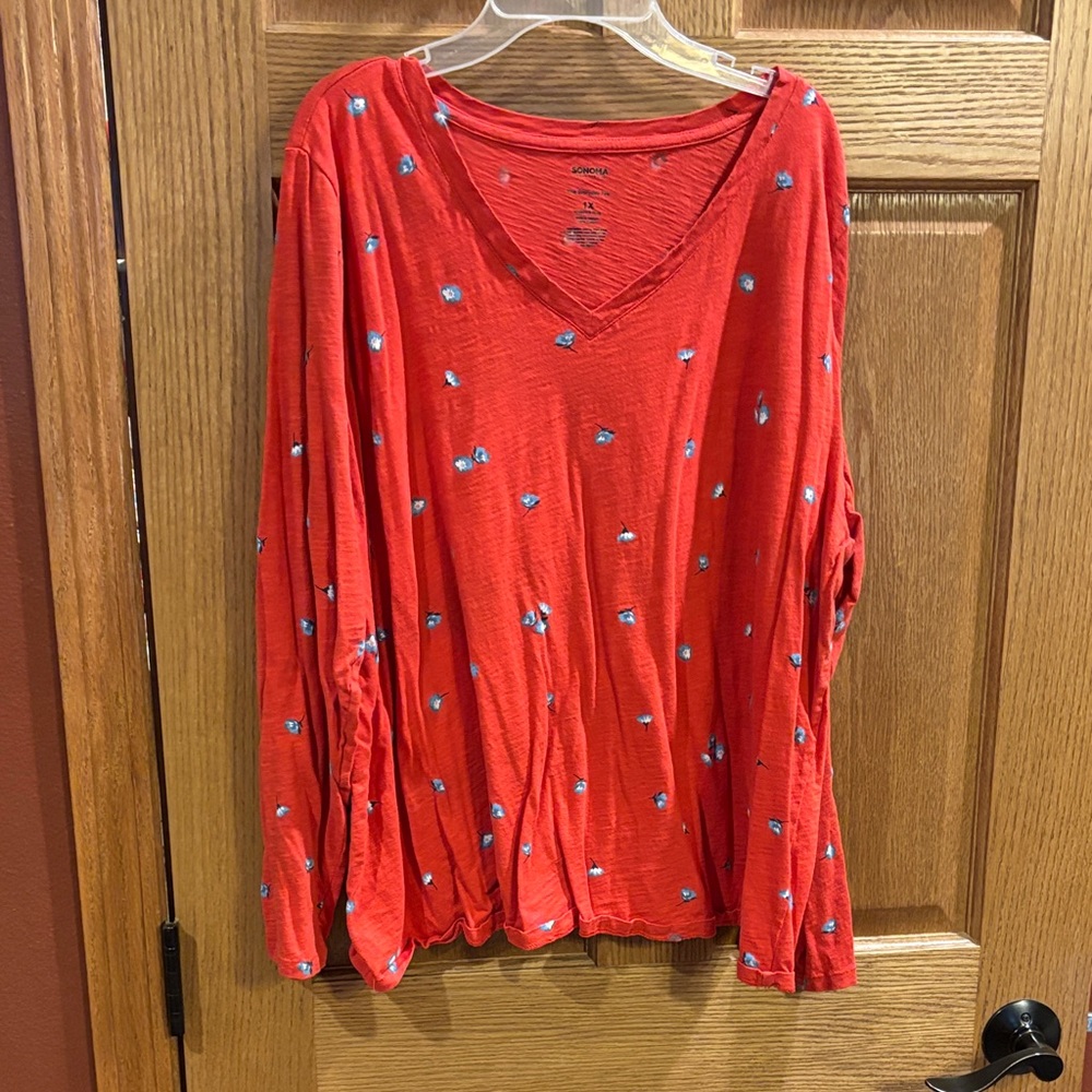 Sonoma Red Long Sleeve Top with Blue Floral Accents